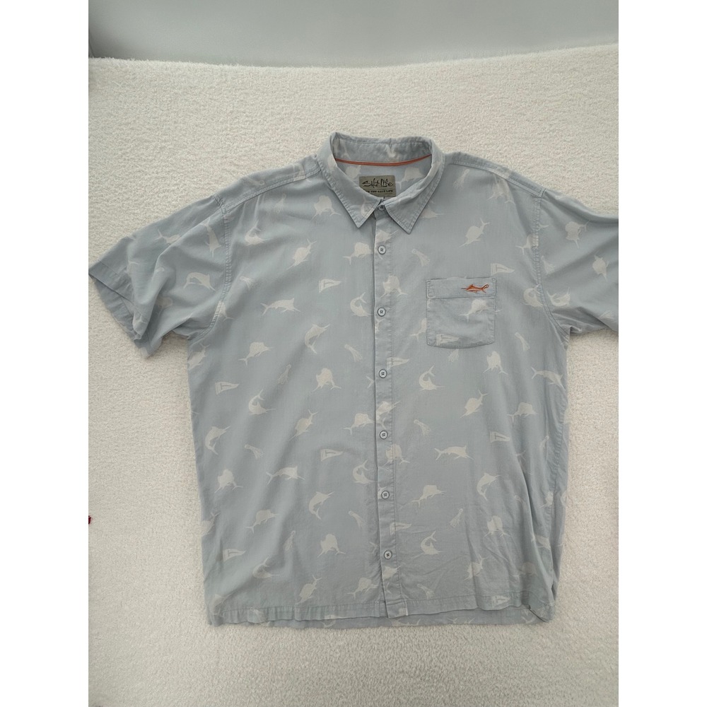 Salt Life Mens 2XL Light Blue Marlin Print Short Sleeve Button Down Shirt Pocket